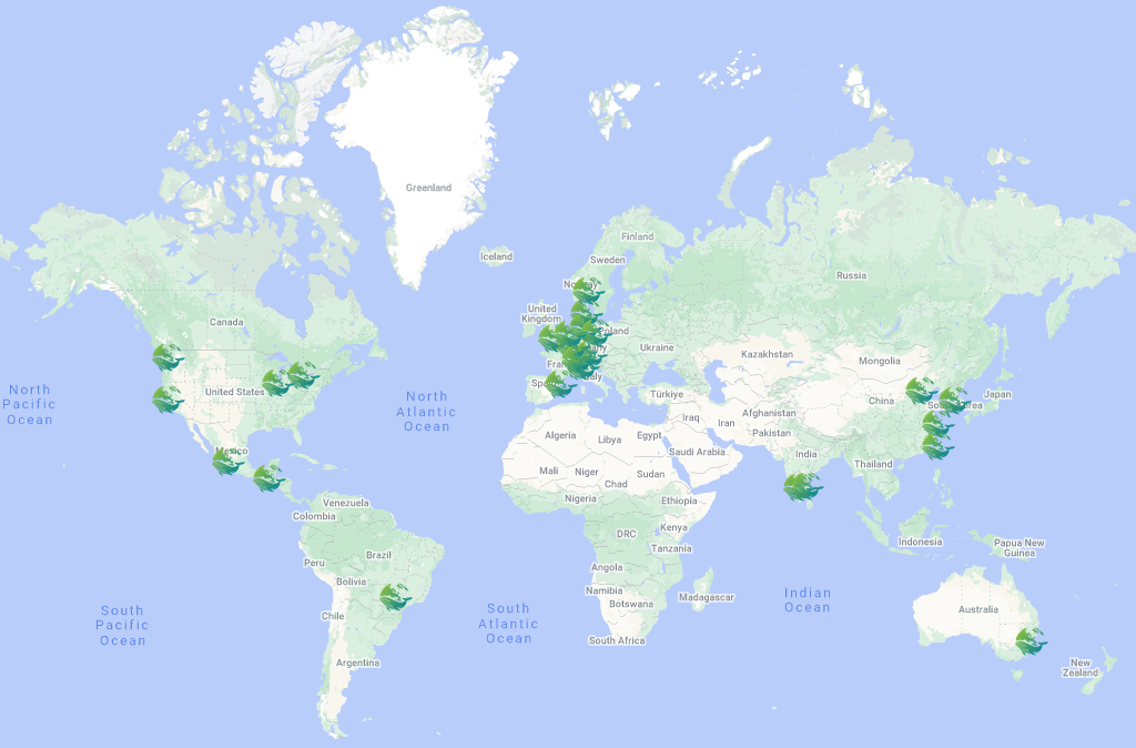 Imagen 1: Representación visual en un mapa de todos los encuentros locales de la Semana de la Sostenibilidad de Cloud Native.